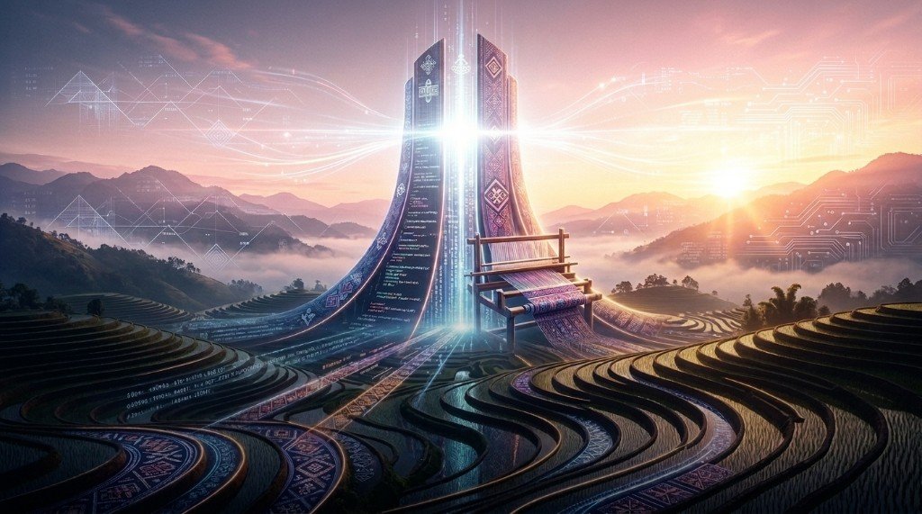 Hmong Ai Revolution — rice terraces, a loom, and a digital tower at sunrise